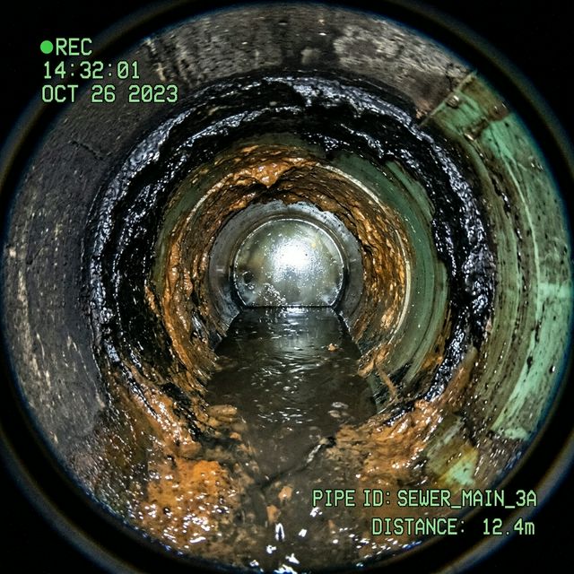 고압세척 전 기름때로 막힌 배관 내부 - 배관내시경 촬영